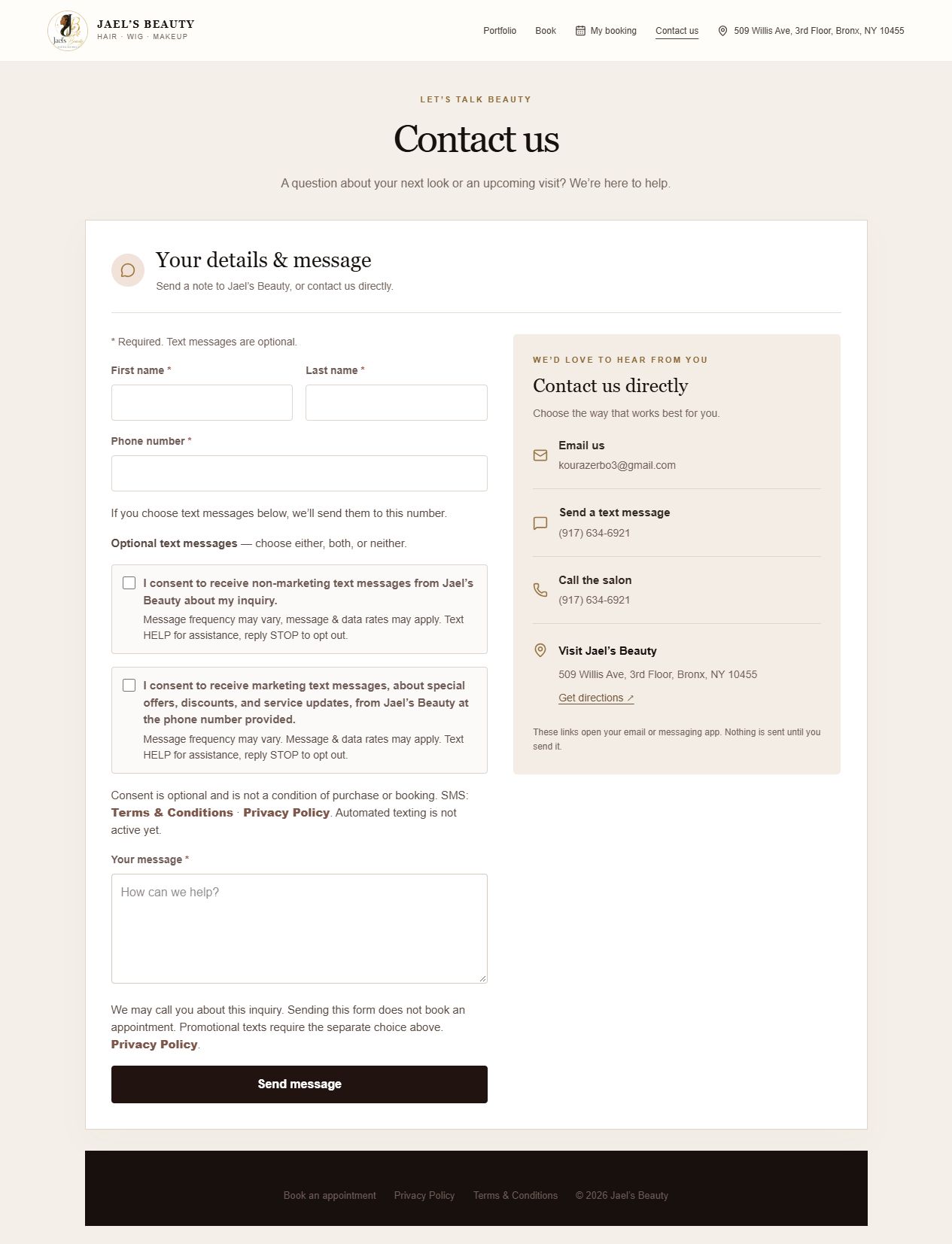 Jael’s Beauty Contact Us form showing name and phone fields, separate unchecked inquiry and promotional SMS checkboxes, frequency and rate disclosures, STOP and HELP instructions, and Terms and Privacy links.